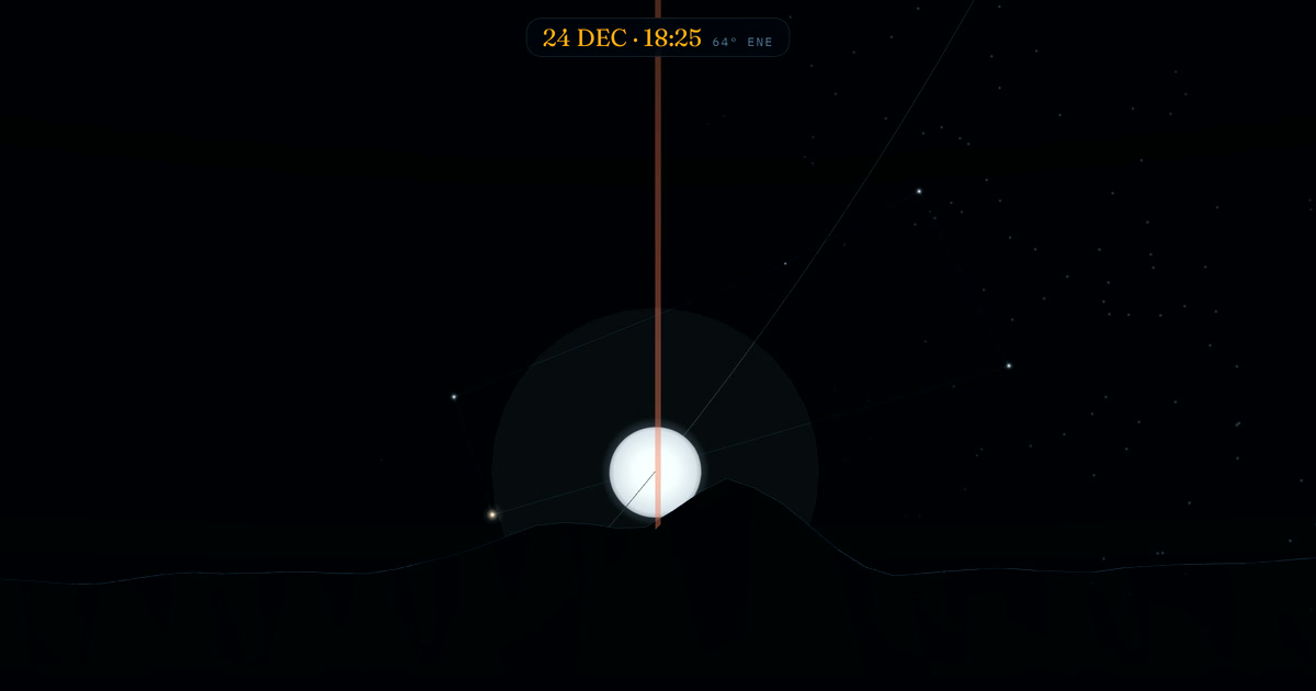 Simulated sky view: the full moon behind Half Dome on 24 December 2026 — real terrain silhouette, rendered by Heliora