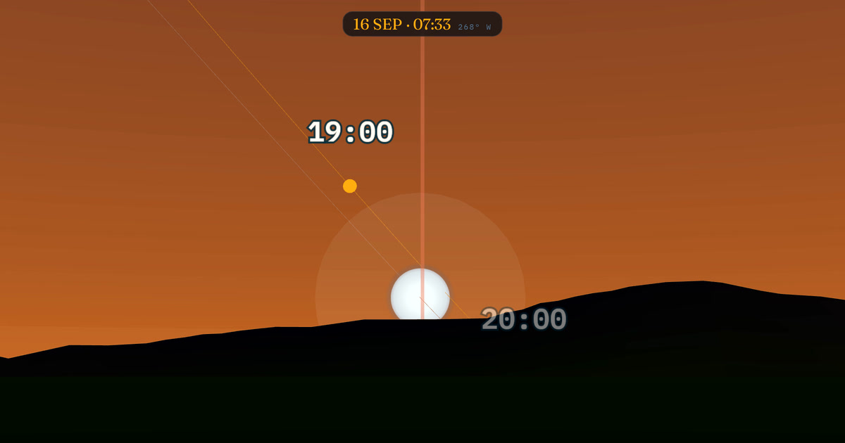 Vista simulada del cielo: la luna llena tras Sant Jeroni el 16 September 2027 — silueta real del terreno, renderizada por Heliora